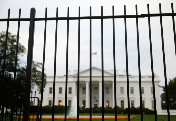 The White House as seen from behind the North Lawn fence in Washington