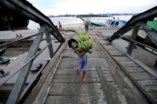 Una niña birmana lleva plátanos en el embarcadero del río Rangún, en Rangún, Birmania, el 11 de diciembre del 2014. EFE/Lynn Bo Bo