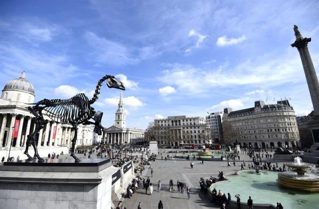 Vista de la escultura "Caballo regalado" del artista alemán Hans Haacke en el cuarto plinto de la plaza de Trafalgar en Londres (Reino Unido) hoy, jueves 5 de marzo de 2015. El "Caballo regalado" es la cuarta escultura descubierta como parte del programa Comisión Cuarto Plinto. EFE/Facundo Arrizabalaga