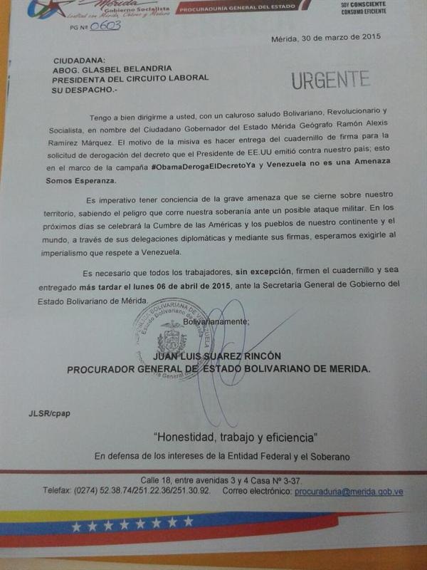 Gobernación de Mérida: Firmar a juro ante un “posible ataque militar” (documento)