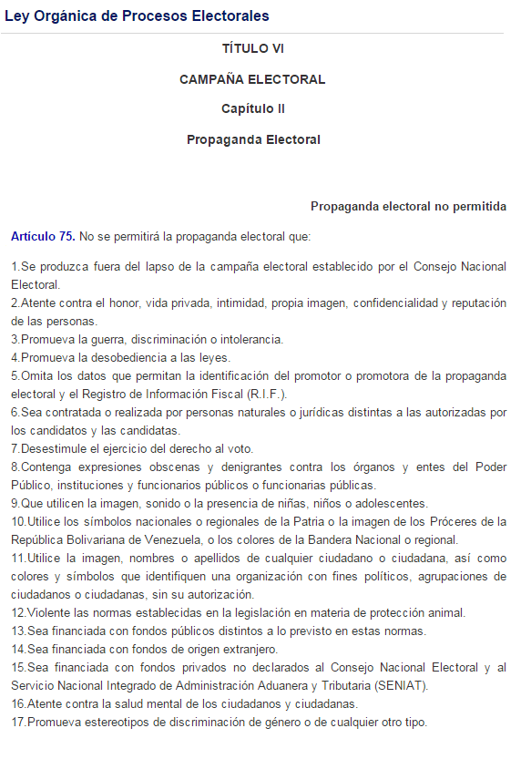 El articulo 75 de la Ley Organica de Procesos Electorales LOPRE