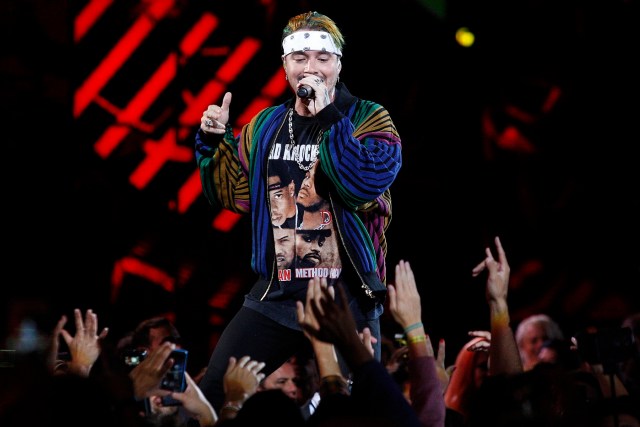 Colombian singer, songwriter, rapper and record producer J. Balvin performs during the 58th Vina del Mar International Song Festival in Vina del Mar, Chile, on February 25, 2017. / AFP PHOTO / PAUL PLAZA