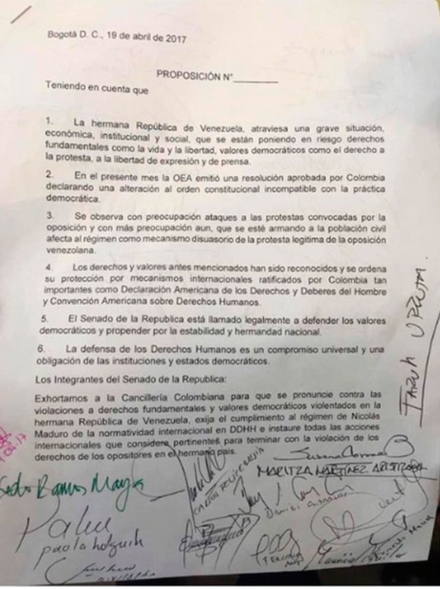 Resolución Senado de Colombia que declara ruptura del orden constitucional en Vzla e insta a la Cancilleria a tomar acciones. Foto: Luis Florido