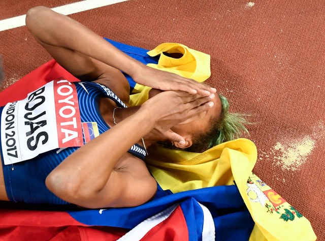 Athletics - World Athletics Championships – women’s triple jump final – London Stadium, London, Britain – August 7, 2017 – Yulimar Rojas of Venezuela reacts after winning the final. REUTERS/Dylan Martinez