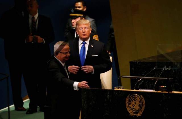 U.S. President Donald Trump steps up to deliver his address to the United Nations General Assembly in New York, U.S., September 19, 2017. REUTERS/Kevin Lamarque