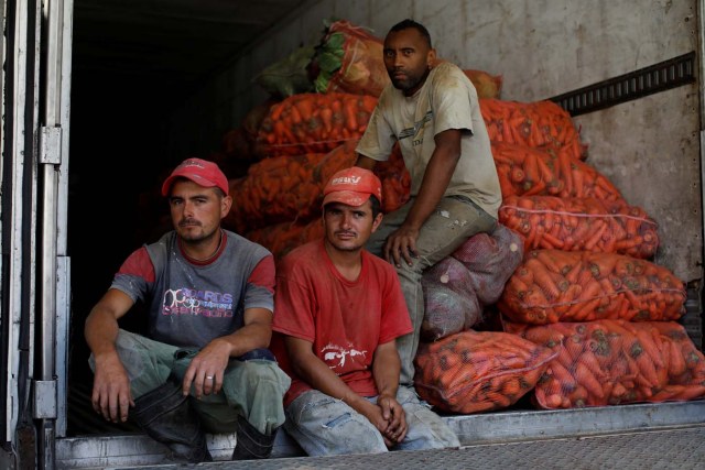 Workers pose for a picture while they load vegetables into a truck to sell them in the town of Guatire outside Caracas, in La Grita, Venezuela January 27, 2018. REUTERS/Carlos Garcia Rawlins SEARCH "LAWLESS ROADS" FOR THIS STORY. SEARCH "WIDER IMAGE" FOR ALL STORIES.?