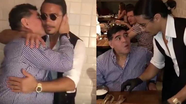 Maradona conoció al chef Salt Bae y le echó “polvito de sal” a su pedazo de filete