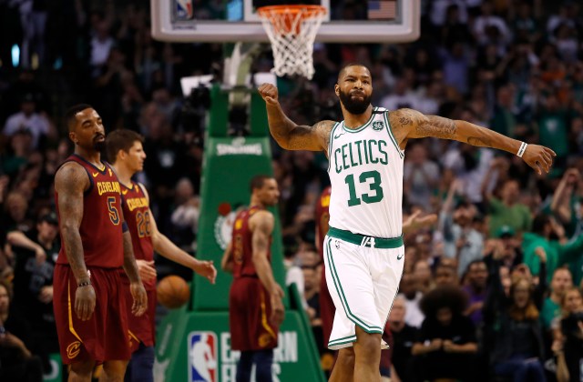 May 13, 2018; Boston, MA, USA; Boston Celtics forward Marcus Morris (13) celebrates a basket as Cleveland Cavaliers guard JR Smith (5) looks on during the first quarter of the Eastern conference finals of the 2018 NBA Playoffs at TD Garden. Mandatory Credit: Winslow Townson-USA TODAY Sports