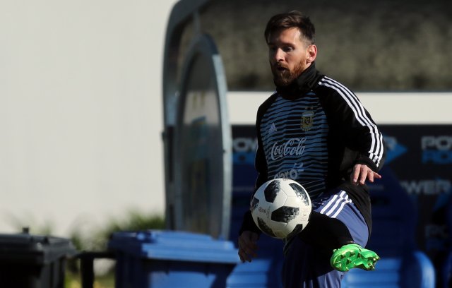 Football Soccer - Argentina's national soccer team training - World Cup 2018 - Buenos Aires, Argentina - May 23, 2018 - Lionel Messi of Argentina kicks the ball during a training session. REUTERS/Marcos Brindicci