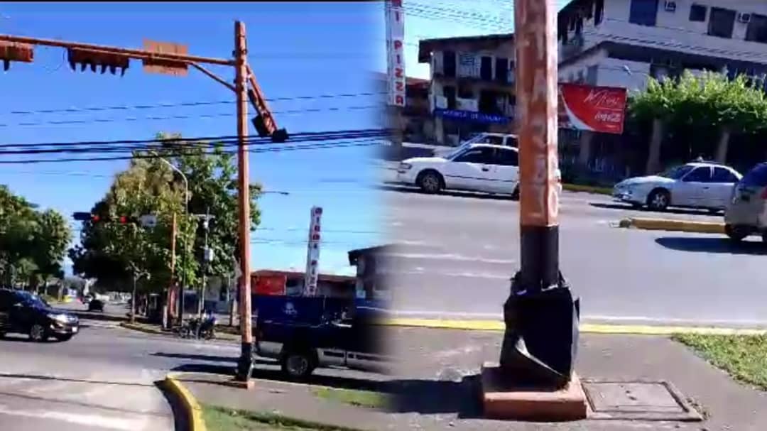 Torcido y a punto de caer está un semáforo de una transitada vía en Barinas